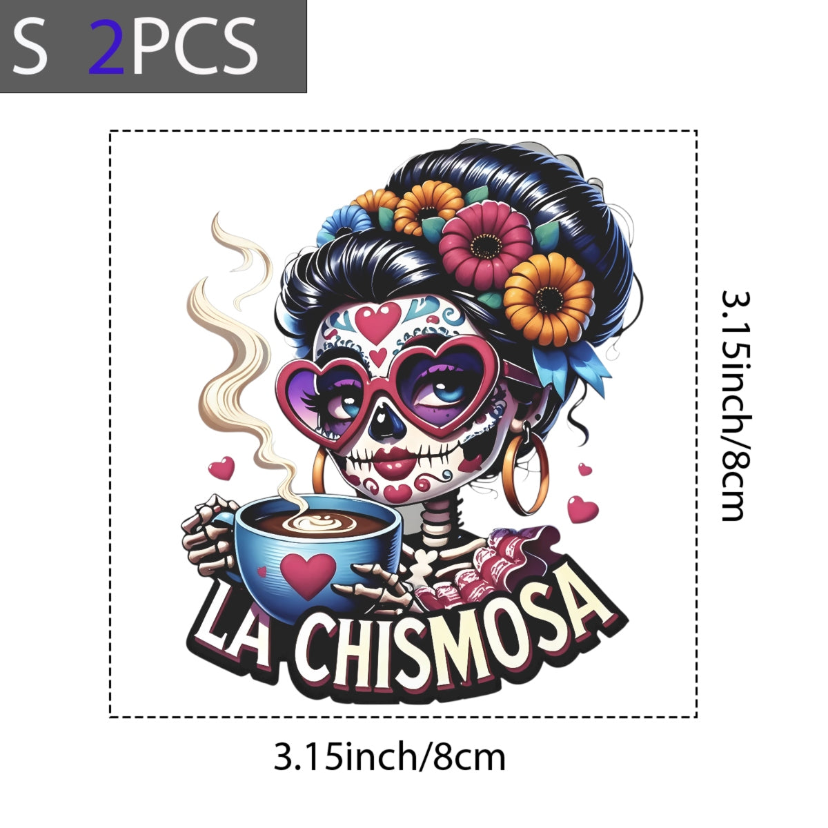 DTF Heat Transfer Iron On Sticker ，LA CHISMOSA Retro Halloween Merch for Clothing, Tote Bags, Party Decor , High Saturation Colors Skull Sticker with Pink Heart Sunglasses and Golden Hoop Earrings