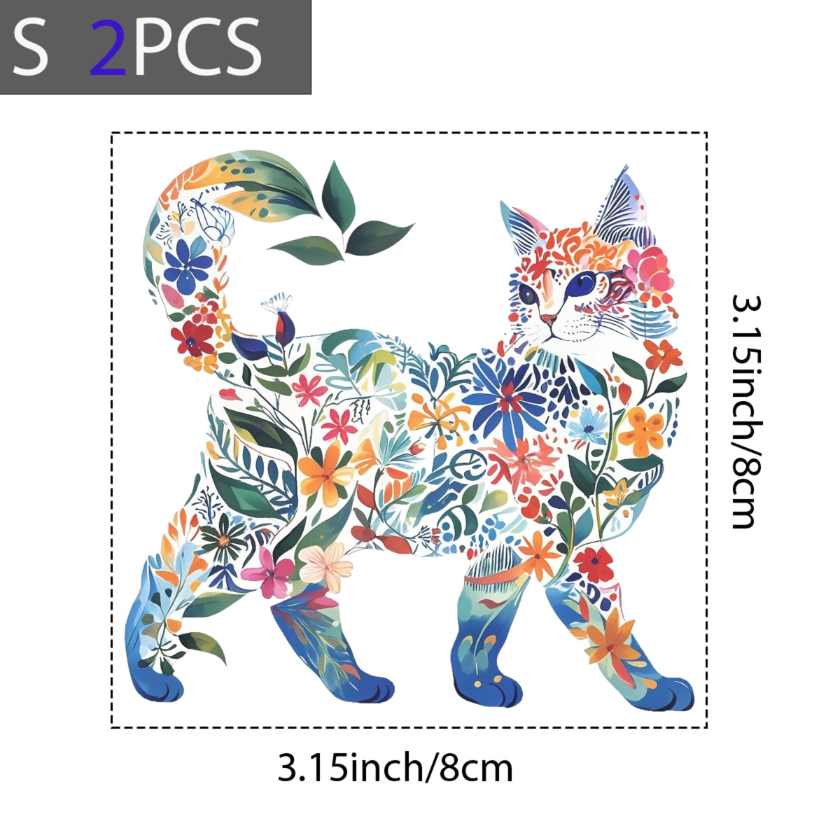 Floral Cat DTF Iron-On Transfer Decal ， Vibrant Watercolor Cat Art Sticker ， DIY Craft Supply for Apparel & Home Decor Eye， Catching Floral Silhouette Decal with Bold Orange Pink Blue Colors, Easy to Apply Watercolor Sticker