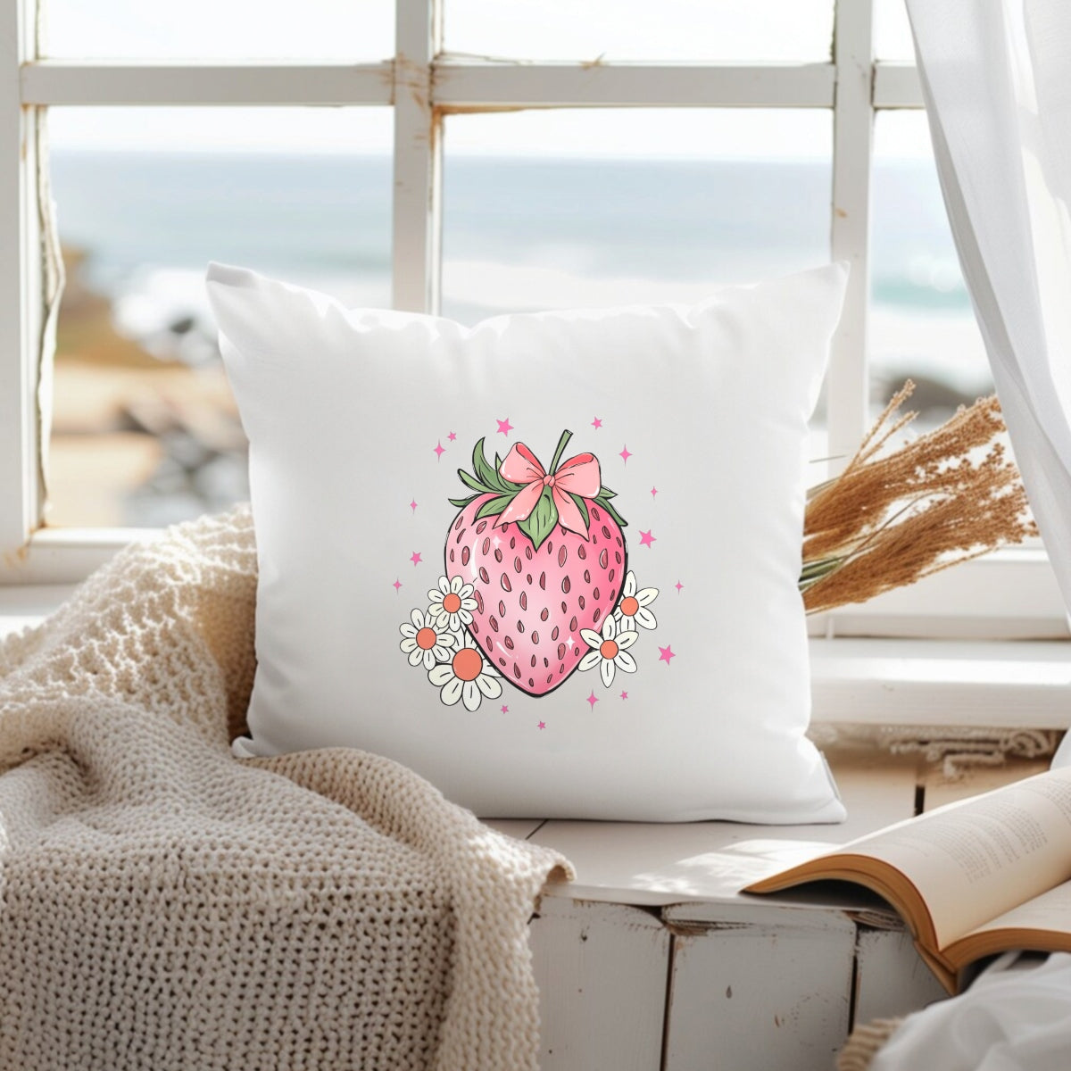 DTF Heat Transfer Iron On Sticker ， Heart-Shaped Strawberry with Bow and Daisies,   Feminine Home Decor and Clothing Accent Sticker for T-Shirts, Hoodies, Aprons