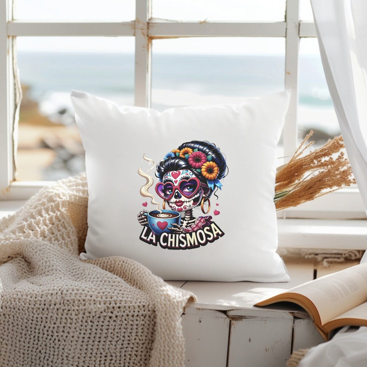 DTF Heat Transfer Iron On Sticker ，LA CHISMOSA Retro Halloween Merch for Clothing, Tote Bags, Party Decor , High Saturation Colors Skull Sticker with Pink Heart Sunglasses and Golden Hoop Earrings