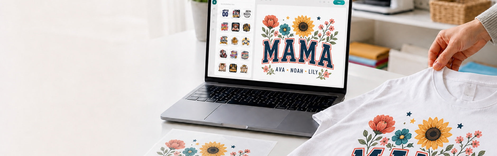 A personalized Mama family-name design shown in Maker, on transfer film, and on a finished shirt