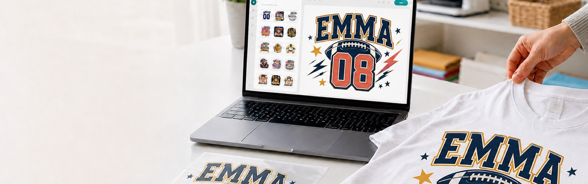 A personalized Emma 08 game day design shown in Maker, on transfer film, and on a finished shirt