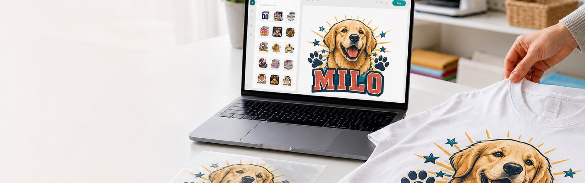 A personalized golden retriever design shown in Maker, on transfer film, and on a finished shirt